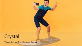  Presentation with happy-image - PPT theme having surfer in wetsuit using surfboard background and a yellow colored foreground
