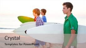  Presentation with sunshine - Slide deck enhanced with surfer teen boys group walking at beach shore on sunshine or sunset background and a mint green colored foreground