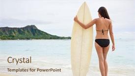  Presentation with waikiki beach - Colorful PPT theme enhanced with surfer woman going surfing standing backdrop and a lemonade colored foreground