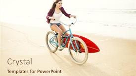  Presentation with bicycle - Audience pleasing presentation consisting of surfer young woman riding her bicycle on the beach backdrop and a lemonade colored foreground
