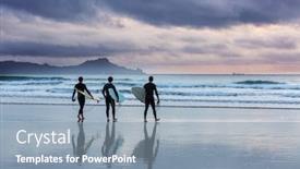  Presentation with new zealand - PPT layouts having surfers-on-ocean-beach background and a light blue colored foreground