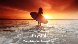  Presentation with sunset at venice beach palm - Slide set enhanced with surfing waves - beautiful surfer woman background and a coral colored foreground