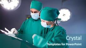  Presentation with operating room - Theme having surgeon checking the medical report background and a ocean colored foreground