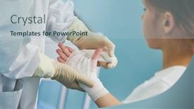  Presentation with hand surgeon - Colorful presentation design enhanced with surgeon-doctor-bandaging-child-s backdrop and a light blue colored foreground