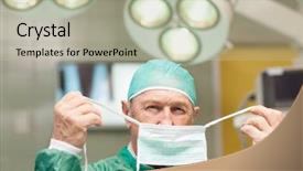  Presentation with surgical - PPT theme featuring surgeon getting dressed in a surgical room healthcare workers in the coronavirus covid19 pandemic background and a mint green colored foreground