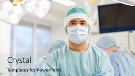  Presentation with surgery room - Beautiful PPT theme featuring surgeon in mask operating room backdrop and a  colored foreground