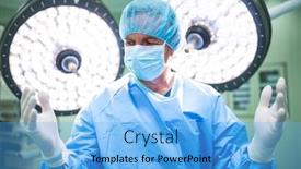  Presentation with healthcare workers - Slide deck consisting of surgeon preparing for operation in operation room at the hospital healthcare workers in the coronavirus covid19 pandemic background and a light blue colored foreground