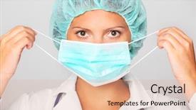  Presentation with mature female surgeon - PPT theme having surgeon putting on a mask background and a coral colored foreground