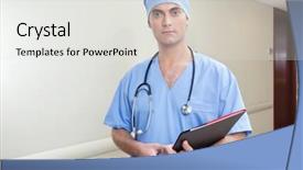  Presentation with database - Amazing slide deck having surgeon-with-database-in-hospital backdrop and a light gray colored foreground