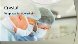  Presentation with healthcare workers - PPT theme consisting of surgeons - older surgeon teaching new surgeon background and a light gray colored foreground