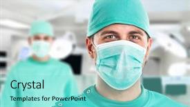  Presentation with operation room - PPT theme featuring surgeons - portrait of a surgeon background and a seafoam green colored foreground
