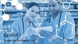  Presentation with digital hospital - PPT layouts consisting of surgeons looking at digital tablet in hospital against close up of shelves of drugs background and a light blue colored foreground