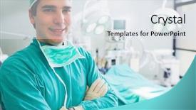  Presentation with healthcare workers - Colorful slide deck enhanced with surgeons operation - male surgeon looking at camera backdrop and a sky blue colored foreground