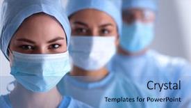  Presentation with masks - Colorful presentation design enhanced with surgeons team man and woman backdrop and a light blue colored foreground