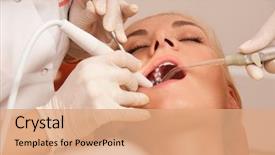  Presentation with career milestone close up - Slides enhanced with oral surgery - dentist's close-up background and a coral colored foreground