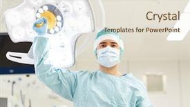  Presentation with surgery room - Slide deck with surgery medicine and people concept - surgeon in mask adjusting lamp in operating room at hospital background and a lemonade colored foreground