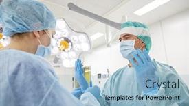  Presentation with surgery room - Amazing PPT theme having surgery medicine and people concept - nurse assisting surgeon and helping with gloves in operating room at hospital backdrop and a light blue colored foreground