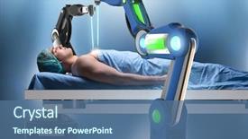  Presentation with robot arm - Slide set featuring surgery performed by robotic arm background and a ocean colored foreground