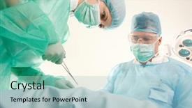  Presentation with theatre mask - Beautiful presentation design featuring medical mask - doctors in uniform operating patient backdrop and a light blue colored foreground