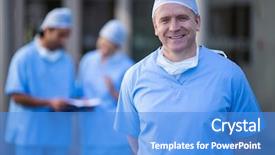  Presentation with camera - Colorful slide deck enhanced with surgical - portrait of male surgeon smiling backdrop and a teal colored foreground