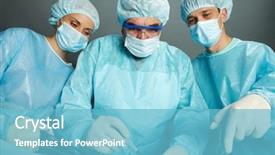  Presentation with surgical instruments - PPT theme enhanced with surgical instruments - portrait of three surgeons standing background and a light blue colored foreground