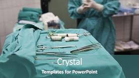  Presentation with surgical instruments - Beautiful slide deck featuring surgical instruments in operating room backdrop and a teal colored foreground