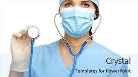  Presentation with doctor cartoon - Theme having surgical mask - doctor with stethoscope isolated background and a light blue colored foreground