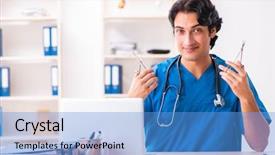  Presentation with clinic - PPT layouts consisting of surgical scissor - young handsome doctor working background and a teal colored foreground