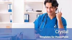  Presentation with working in a clinic - Presentation theme consisting of surgical scissor - young handsome doctor working background and a teal colored foreground