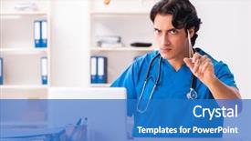  Presentation with working in a clinic - Slide deck consisting of surgical scissor - young handsome doctor working background and a teal colored foreground