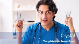  Presentation with surgical - Presentation theme with surgical scissor - young handsome doctor working background and a ocean colored foreground
