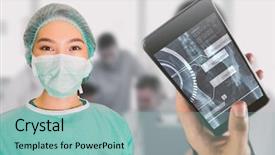  Presentation with cheerful - Theme consisting of surgical tech - portrait of surgeon woman background and a  colored foreground