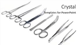  Presentation with surgical - Audience pleasing PPT theme consisting of surgical tools - scalpel forceps clamps backdrop and a white colored foreground
