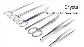  Presentation with surgical instruments - Slides with surgical tools - scalpel forceps clamps background and a white colored foreground