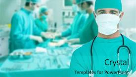  Presentation with surgical - Audience pleasing PPT theme consisting of surgical tools - surgeon standing with his arms backdrop and a cyan colored foreground