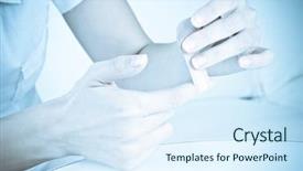  Presentation with plaster - Presentation enhanced with surgical wounds - applying plaster on an arm background and a sky blue colored foreground