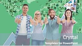  Presentation with business people moving gear - Presentation theme featuring surgon - casual business people gesturing thumbs background and a light blue colored foreground