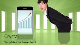  Presentation with windows - Slide deck enhanced with surpised businesswoman bending against bright green room with windows background and a mint green colored foreground