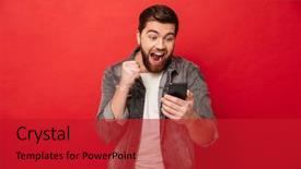  Presentation with smartphone - Amazing theme having surprise - picture of happy screaming bearded backdrop and a crimson colored foreground