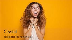  Presentation with portrait of excited overjoyed female - Audience pleasing slide set consisting of surprise - portrait of an excited young backdrop and a gold colored foreground