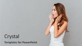 Presentation with woman covering man mouth hand - PPT theme with surprise - portrait of shocked woman background and a light gray colored foreground