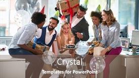  Presentation with coworkers - PPT theme having surprise-birthday-party background and a violet colored foreground