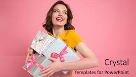  Presentation with yellow - Beautiful slide deck featuring surprise gift box - cheerful young woman in yellow backdrop and a coral colored foreground