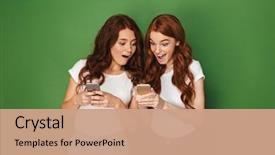  Presentation with cell phones - Cool new PPT theme with surprise isolated over green backdrop and a coral colored foreground