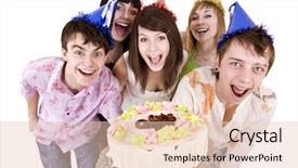  Presentation with happy birthday cake - Slides with surprise party - group of people celebrate happy background and a  colored foreground