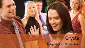  Presentation with man vs woman - PPT theme having surprise party - photo of man giving background and a red colored foreground