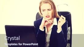  Presentation with believe - PPT theme consisting of surprised and curious business woman cannot believe what she sees in the laptop screen isolated on white background and a wine colored foreground