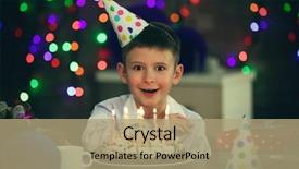  Presentation with birthday boy - PPT theme having surprised birthday boy with cake at party background and a coral colored foreground