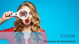  Presentation with eye glass - Amazing slide deck having surprised-blonde-holds-a-magnifying backdrop and a cyan colored foreground