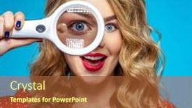  Presentation with eye glass - Colorful presentation design enhanced with surprised-blonde-holds-a-magnifying backdrop and a tawny brown colored foreground